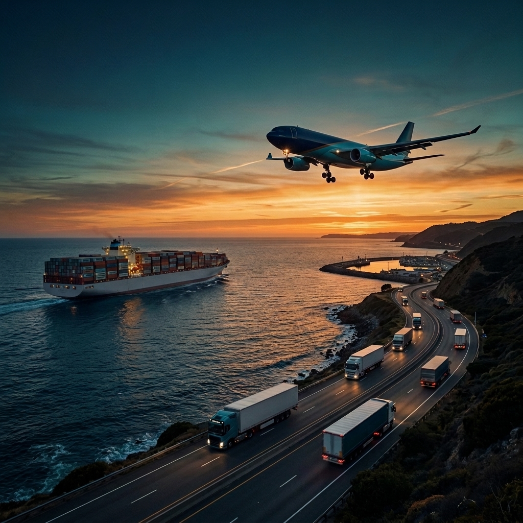 Cargo ship, airplane and trucks representing global logistics